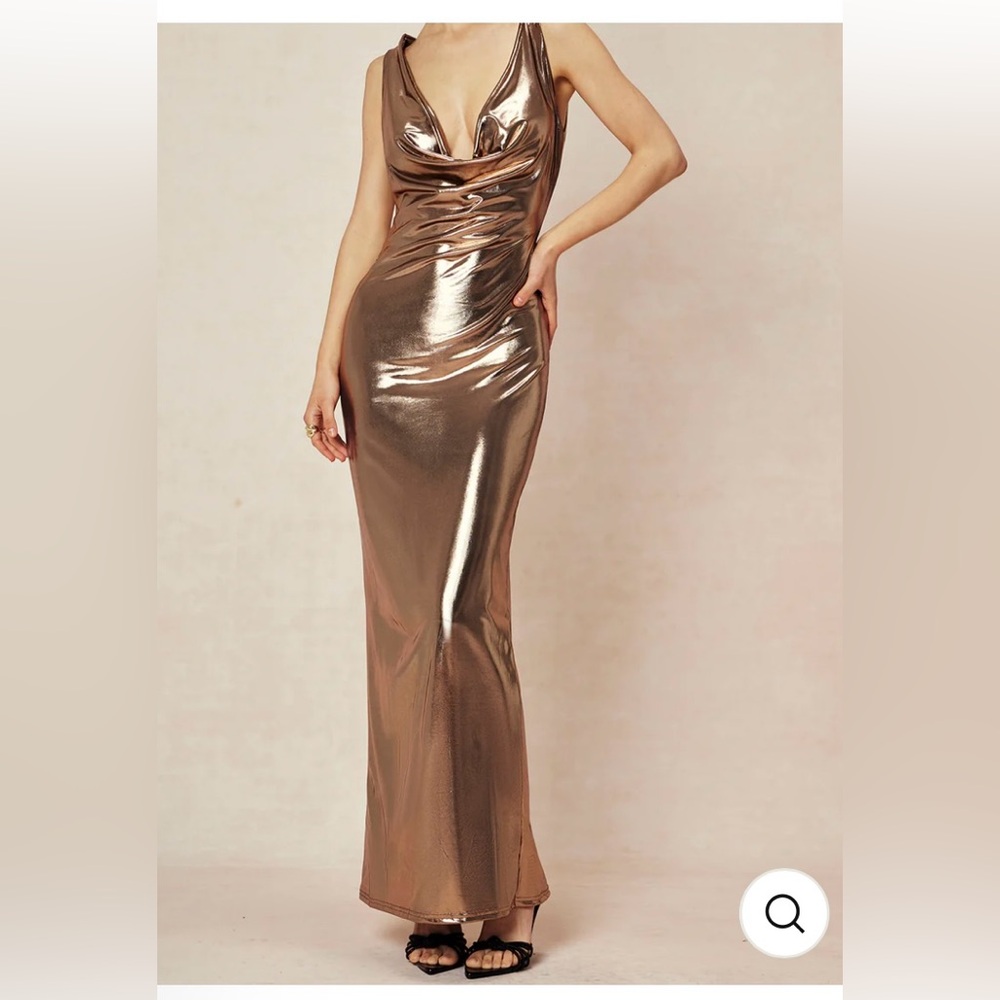 NWT Micas Metallic Cowl Neck Tie Backless Sleeveless Maxi Dress Size Large